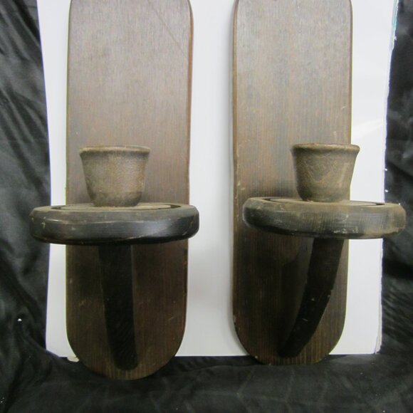 RETRO 70'S COLONIAL STYLE WOODEN CANDLE WALL SCONCES, HAND MADE, DK WOOD - Picture 2 of 8